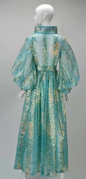 1970s Sheer Light Blue and Gold Metallic Hostess Gown