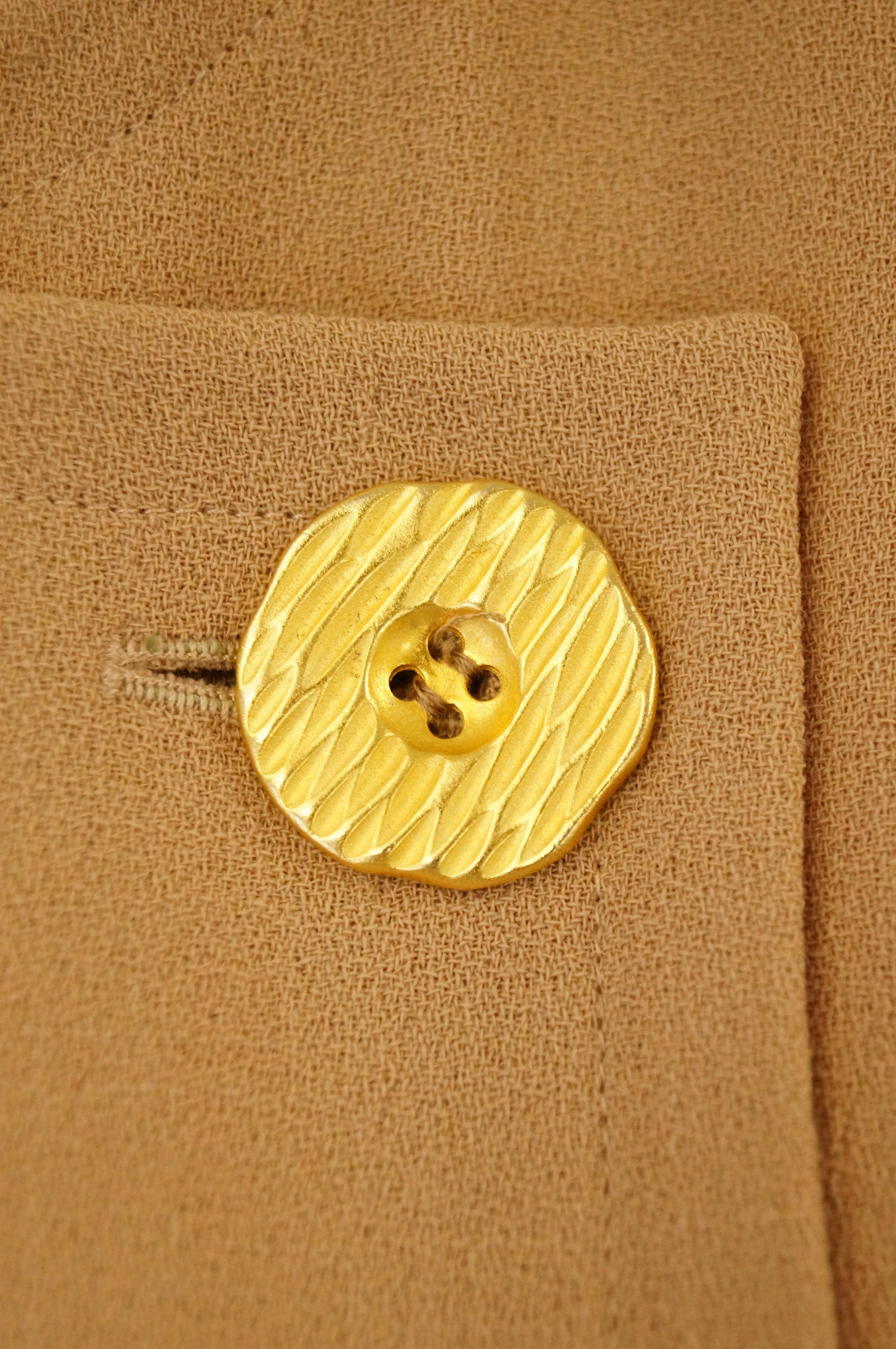 1980s Givenchy Couture Camel Wool Shift Dress w/ Gold Button and Pocket Detail