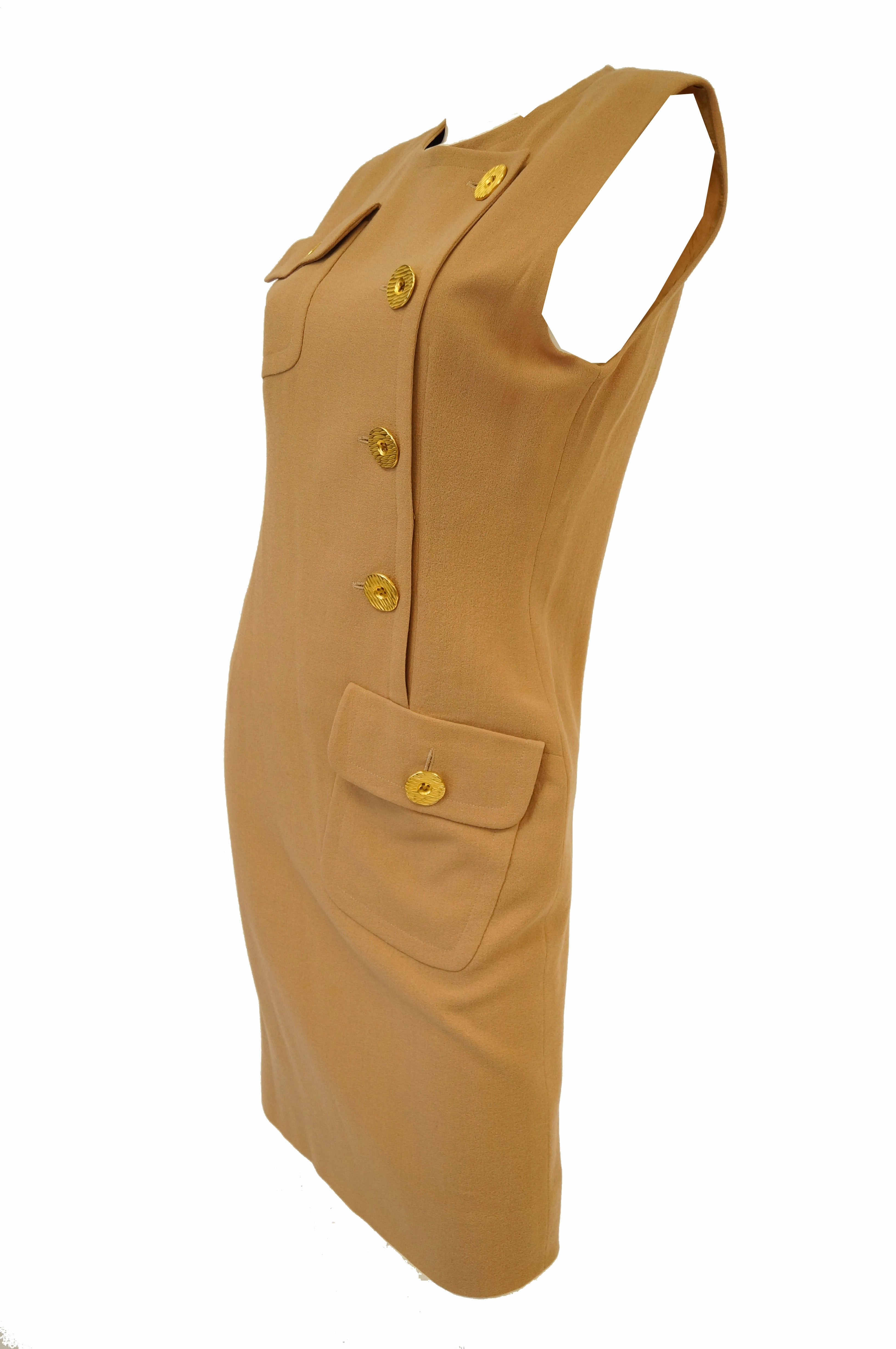 1980s Givenchy Couture Camel Wool Shift Dress w/ Gold Button and Pocket Detail