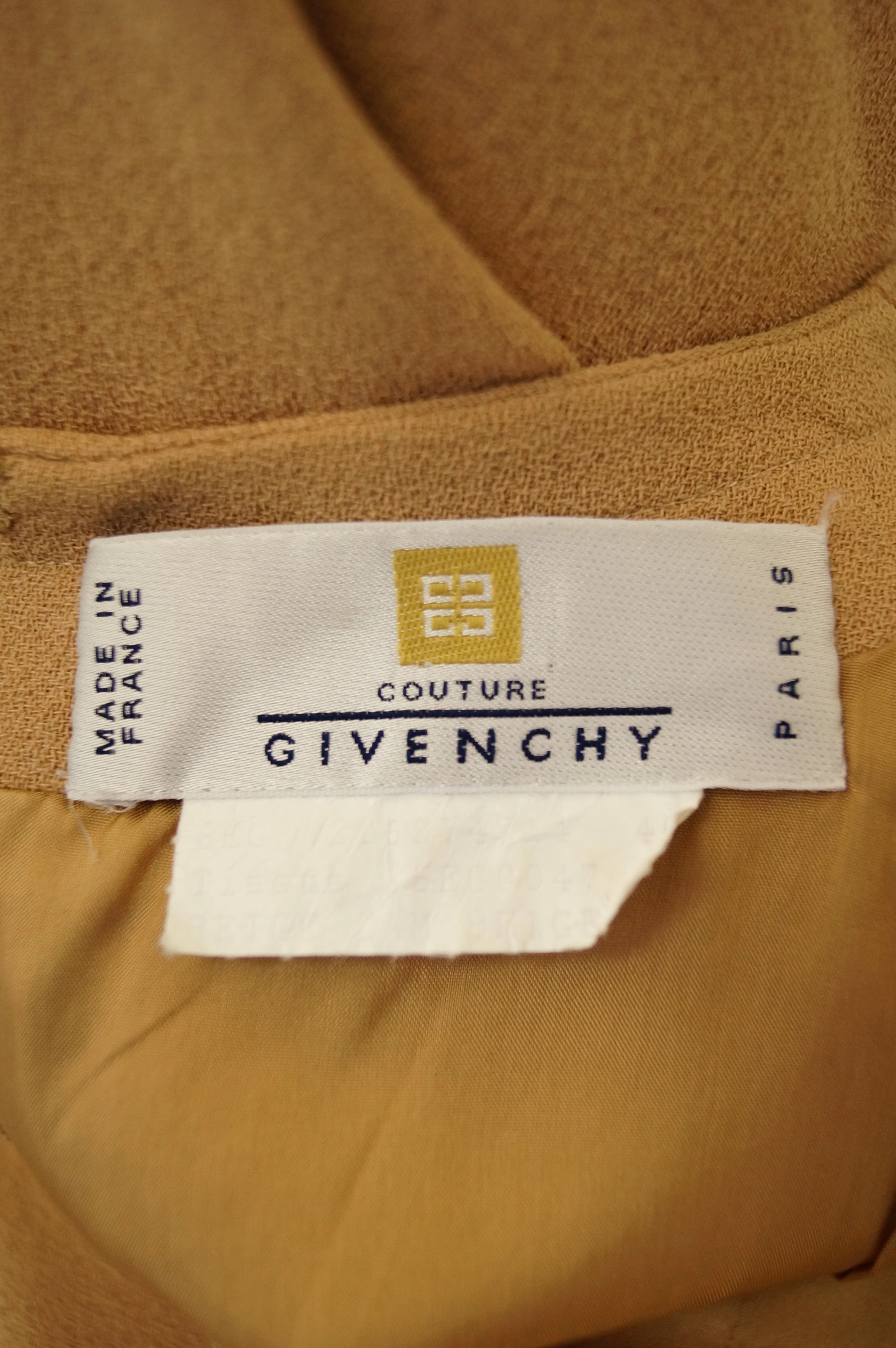 1980s Givenchy Couture Camel Wool Shift Dress w/ Gold Button and Pocket Detail