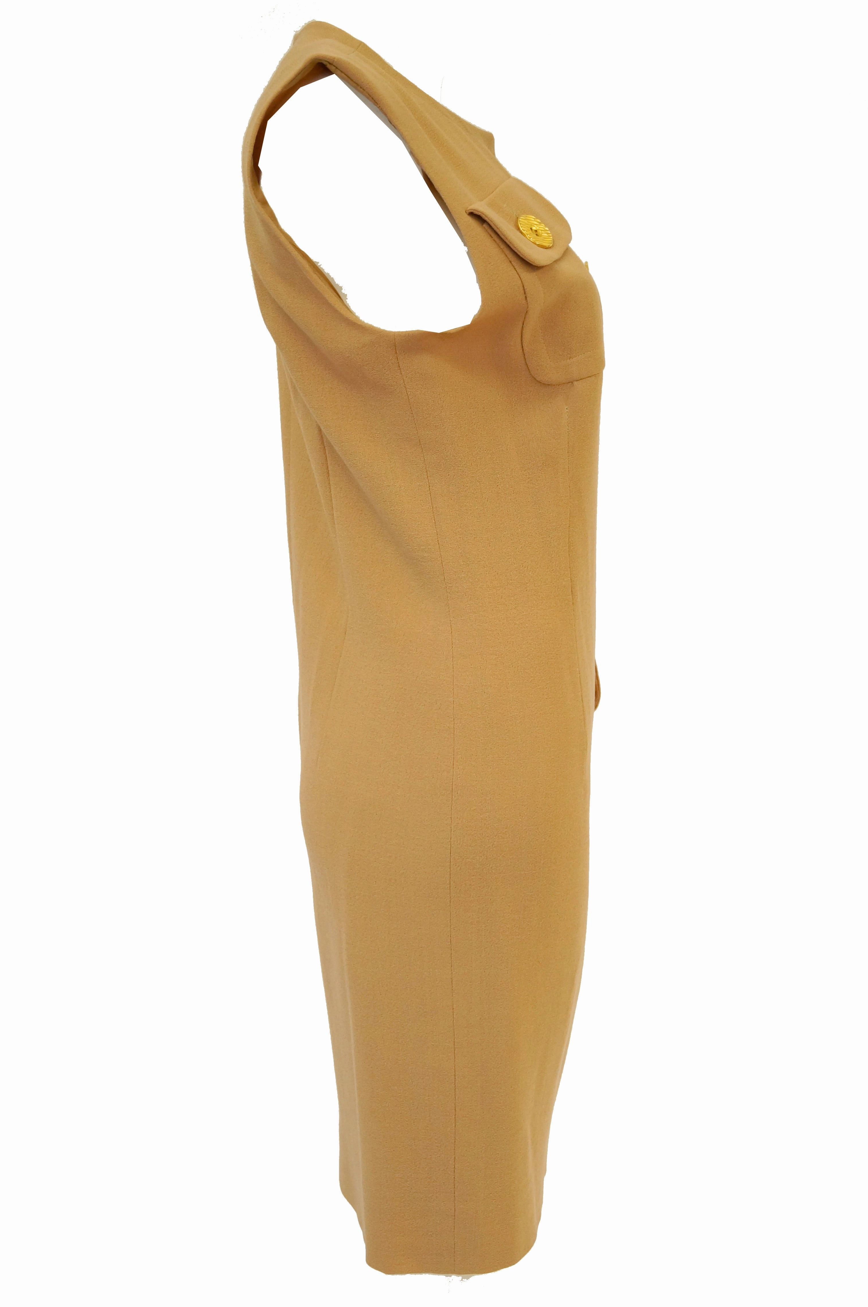 1980s Givenchy Couture Camel Wool Shift Dress w/ Gold Button and Pocket Detail