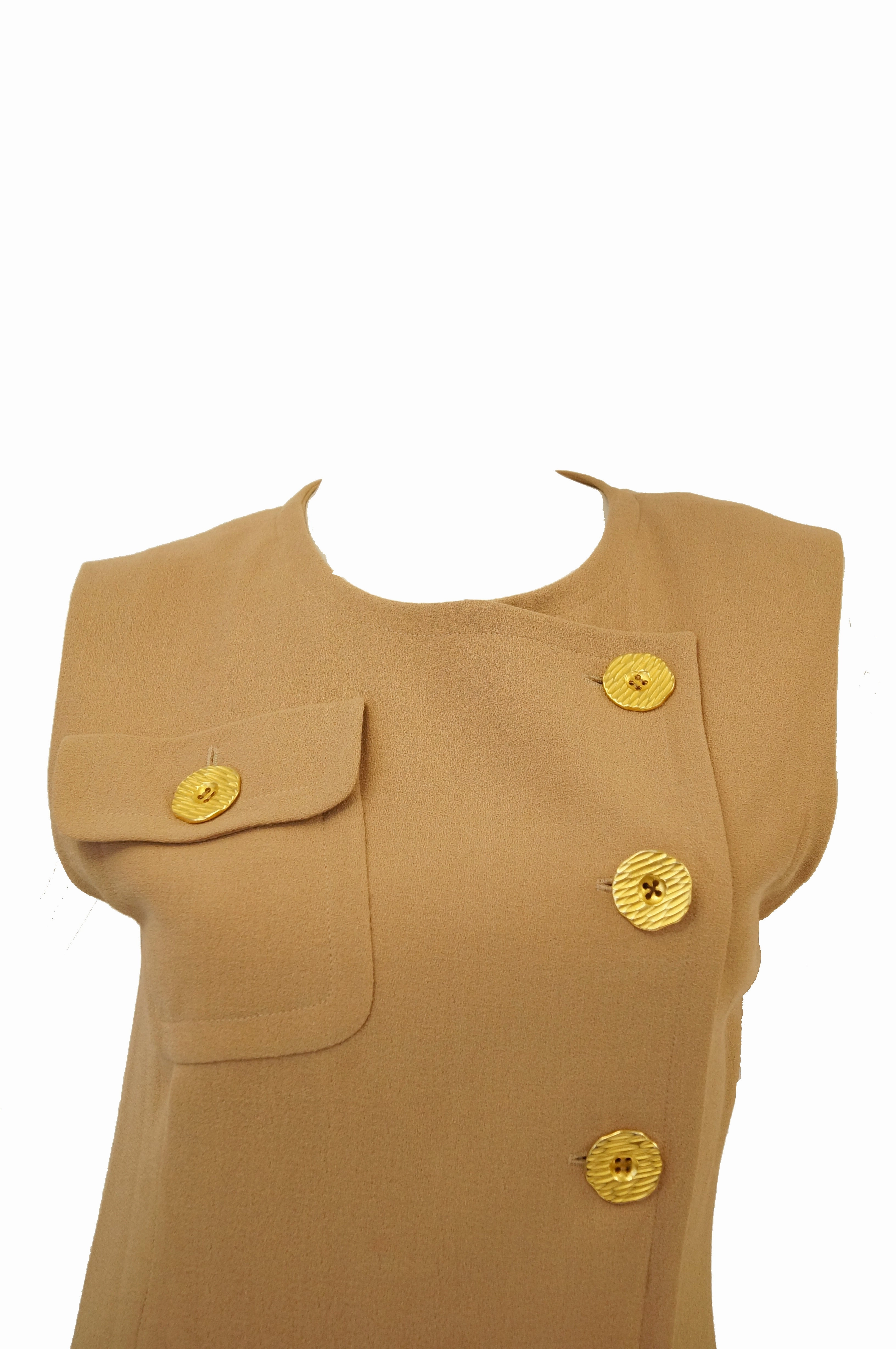 1980s Givenchy Couture Camel Wool Shift Dress w/ Gold Button and Pocket Detail