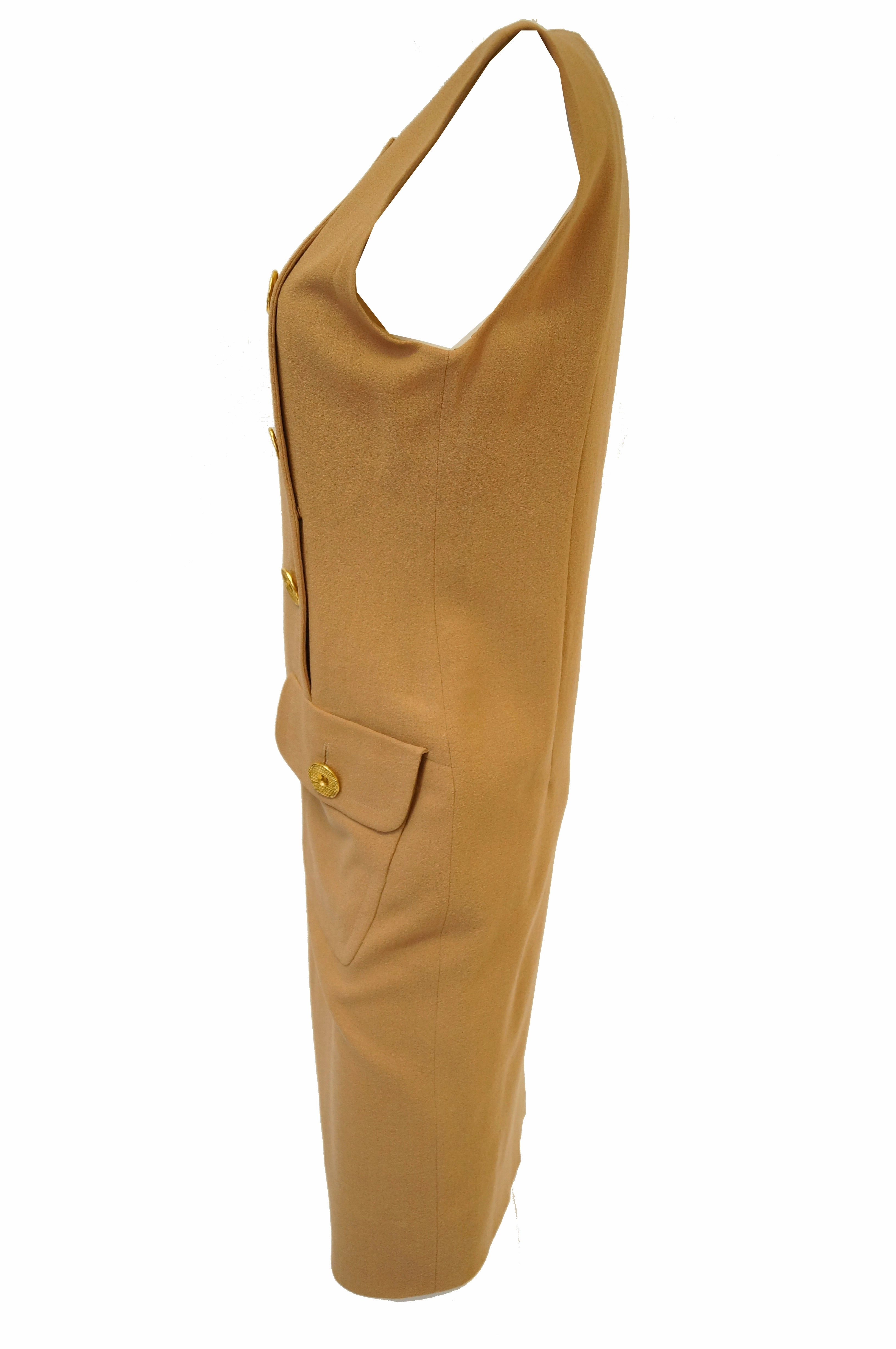 1980s Givenchy Couture Camel Wool Shift Dress w/ Gold Button and Pocket Detail