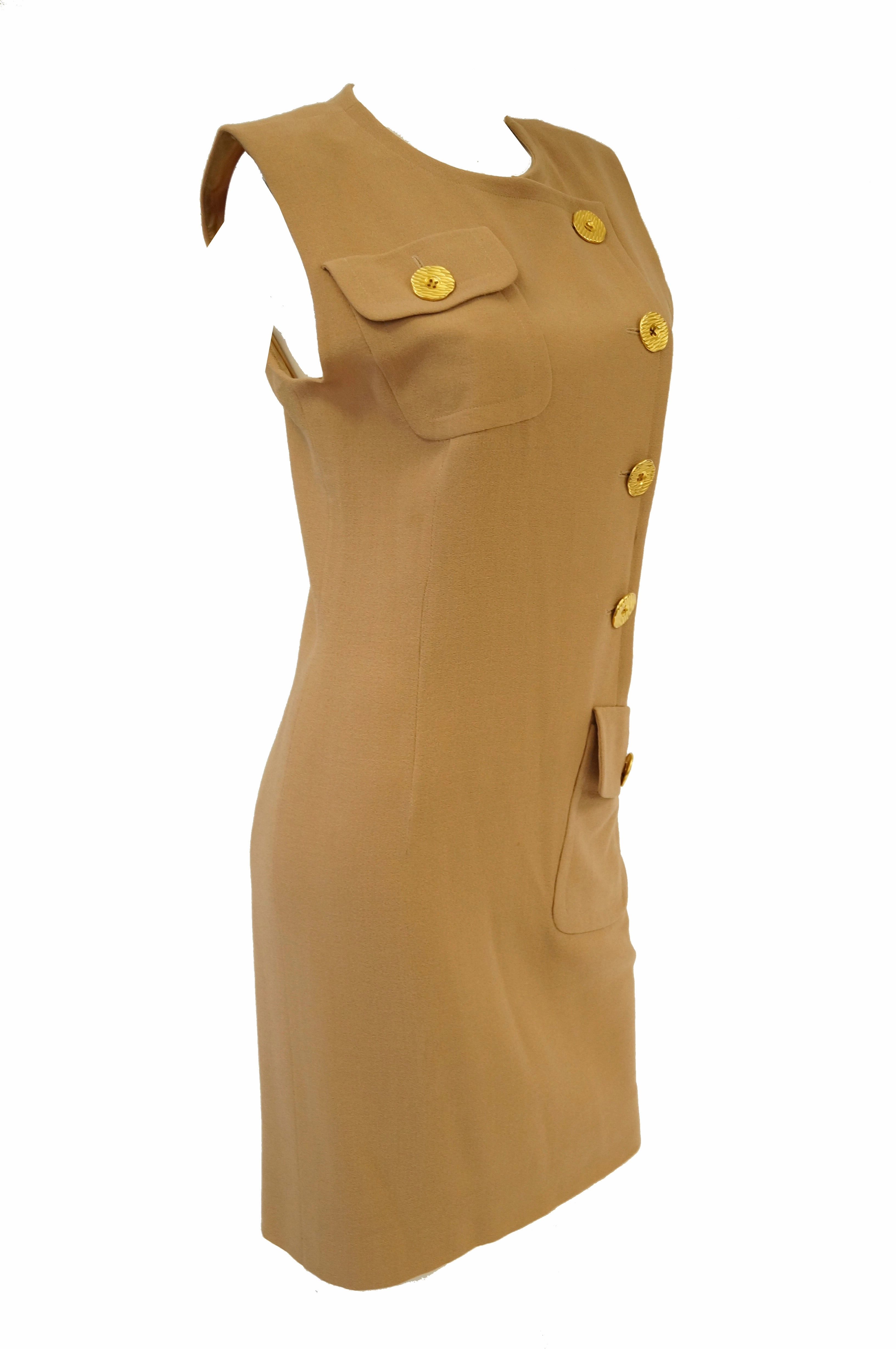 1980s Givenchy Couture Camel Wool Shift Dress w/ Gold Button and Pocket Detail