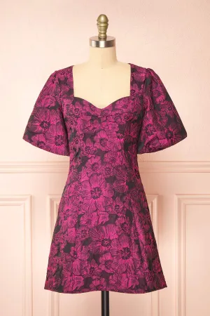 Avalora | Short Black Floral Dress w/ Puffy Sleeves