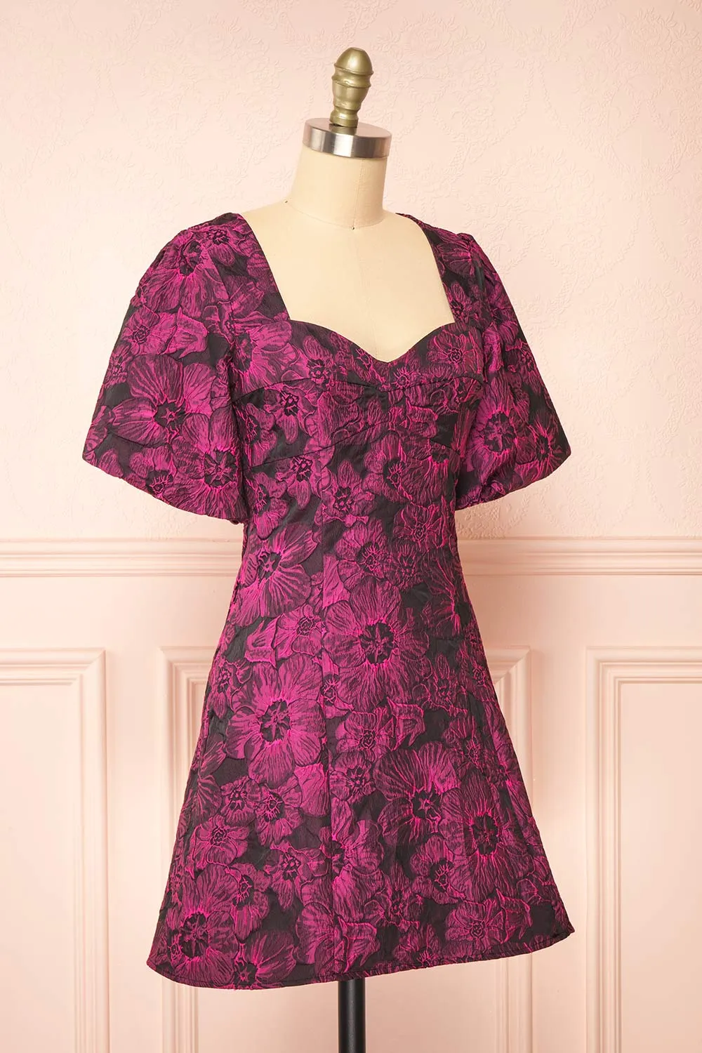 Avalora | Short Black Floral Dress w/ Puffy Sleeves