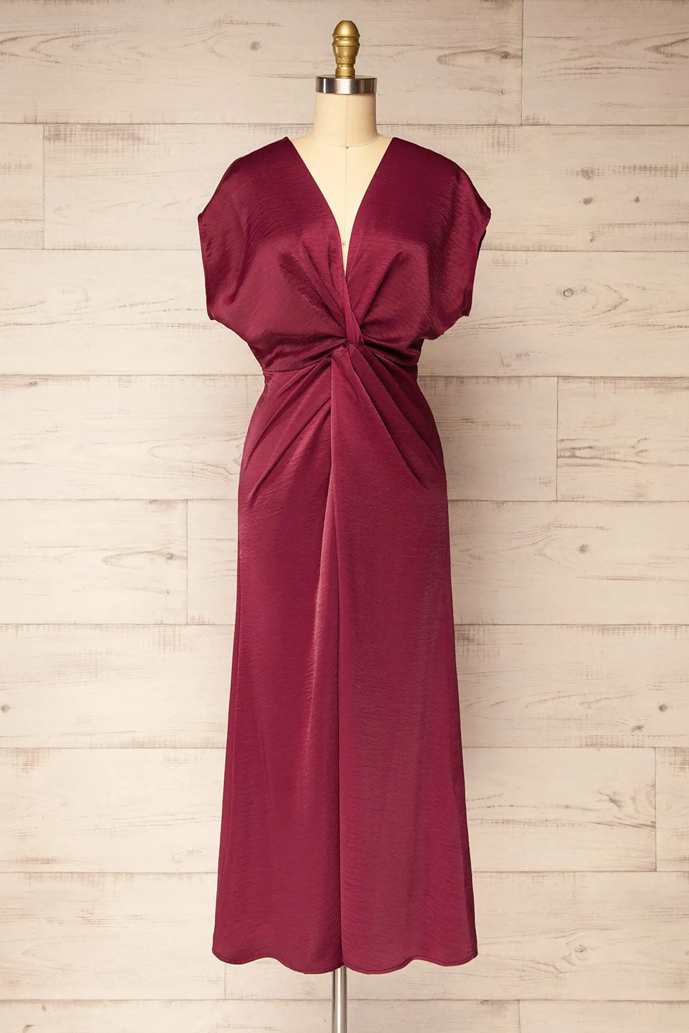 Bossie Burgundy | Long Satin Dress w/ Knot Effect