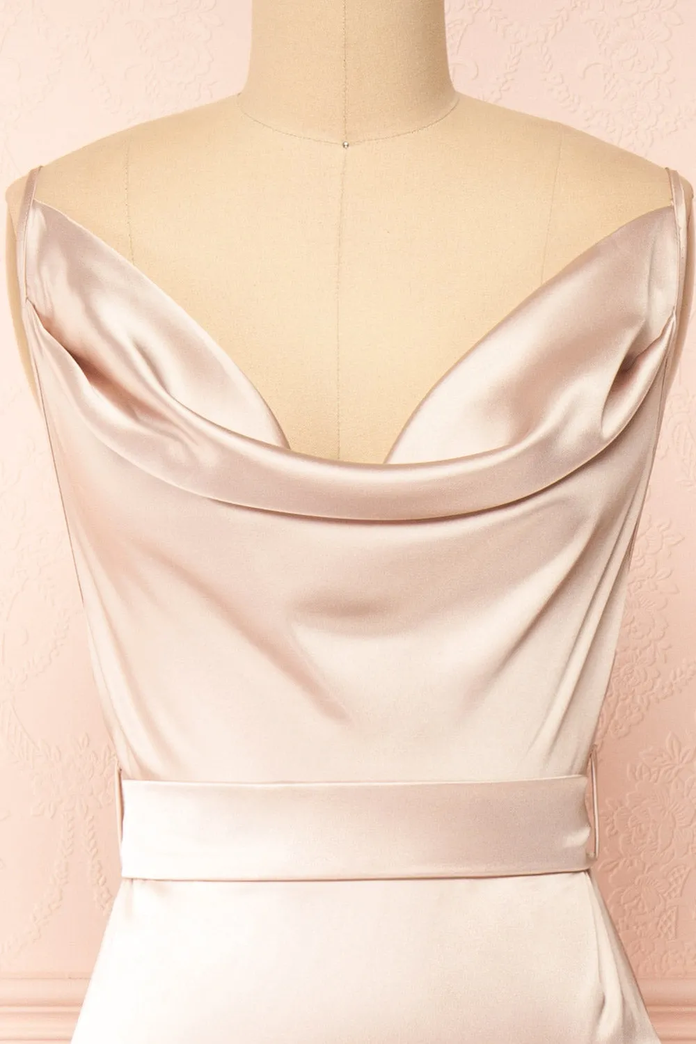 Celestielle | Champagne Cowl Neck Satin Maxi Dress