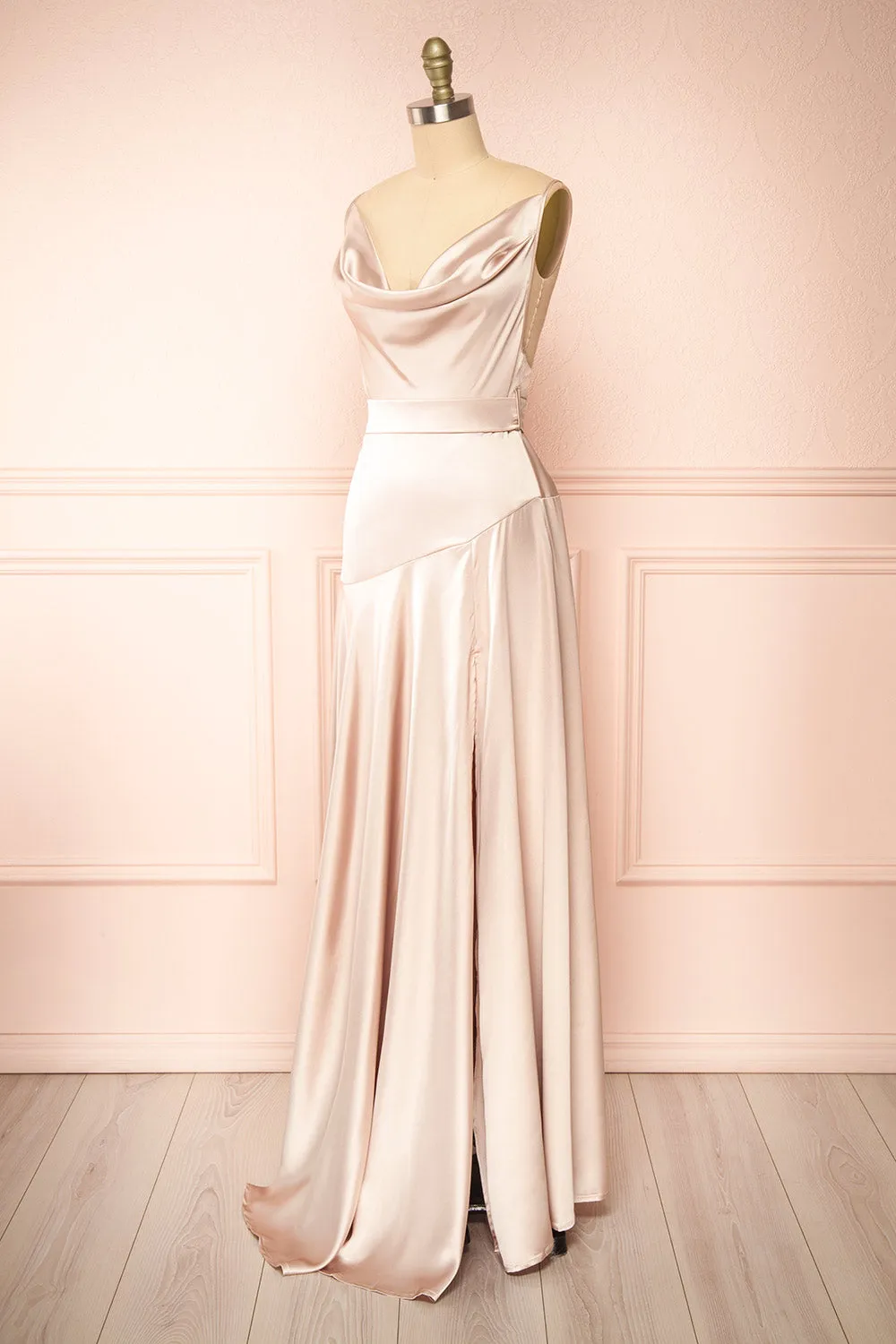 Celestielle | Champagne Cowl Neck Satin Maxi Dress