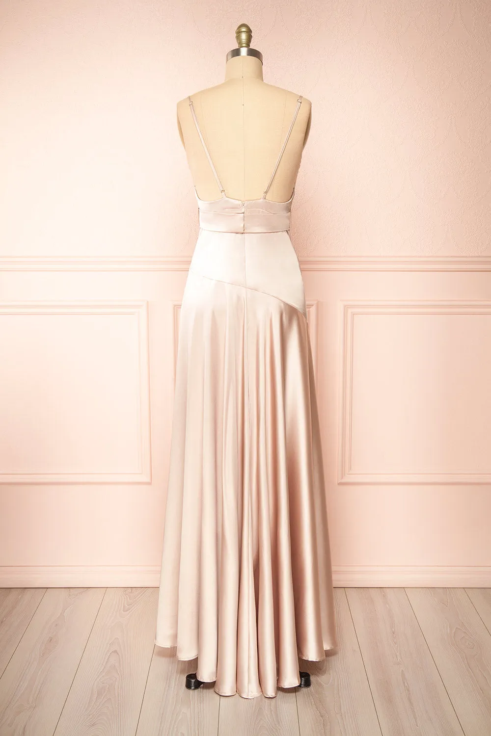 Celestielle | Champagne Cowl Neck Satin Maxi Dress