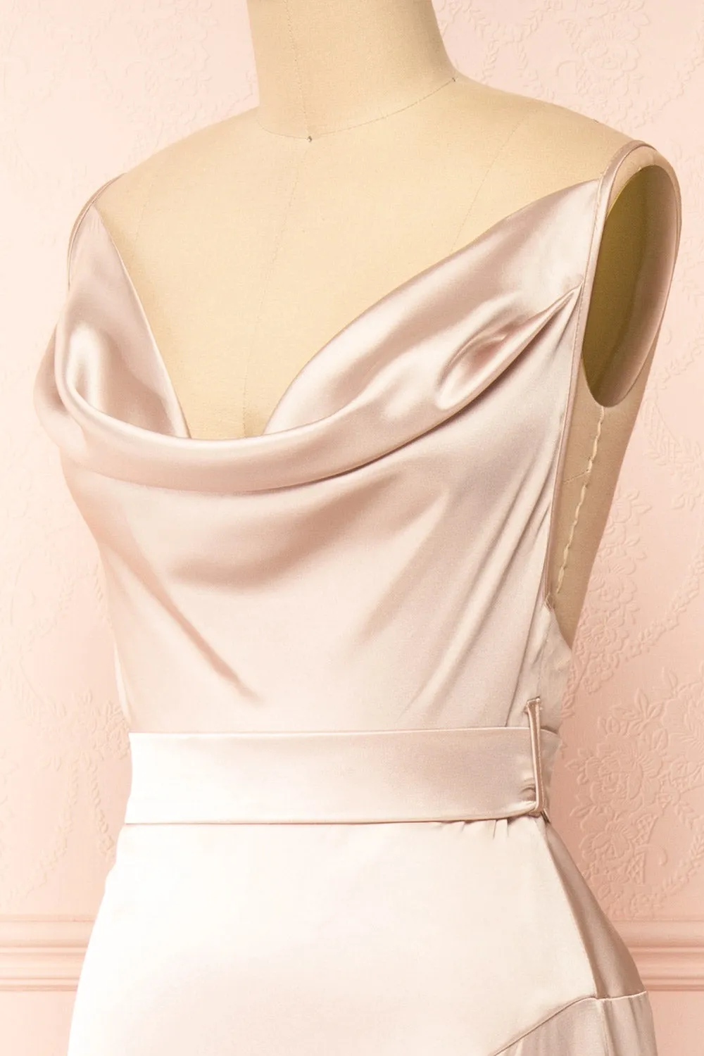 Celestielle | Champagne Cowl Neck Satin Maxi Dress