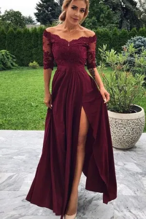 Chiffon Lace Ankle-length A Line Half Sleeve Vintage Prom Dress