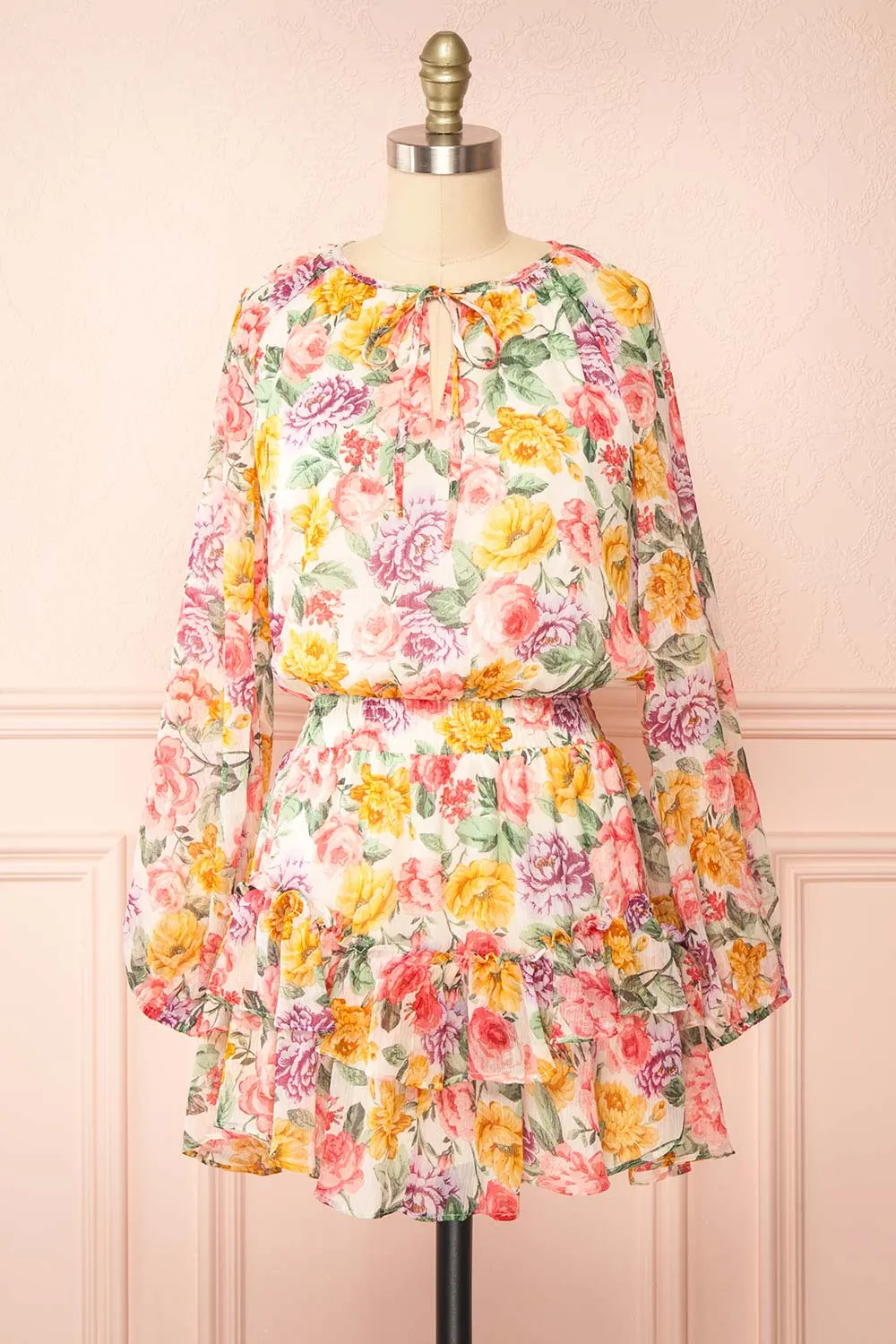 Echa | Colourful Short Floral Dress w/ Long Sleeves