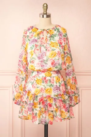 Echa | Colourful Short Floral Dress w/ Long Sleeves