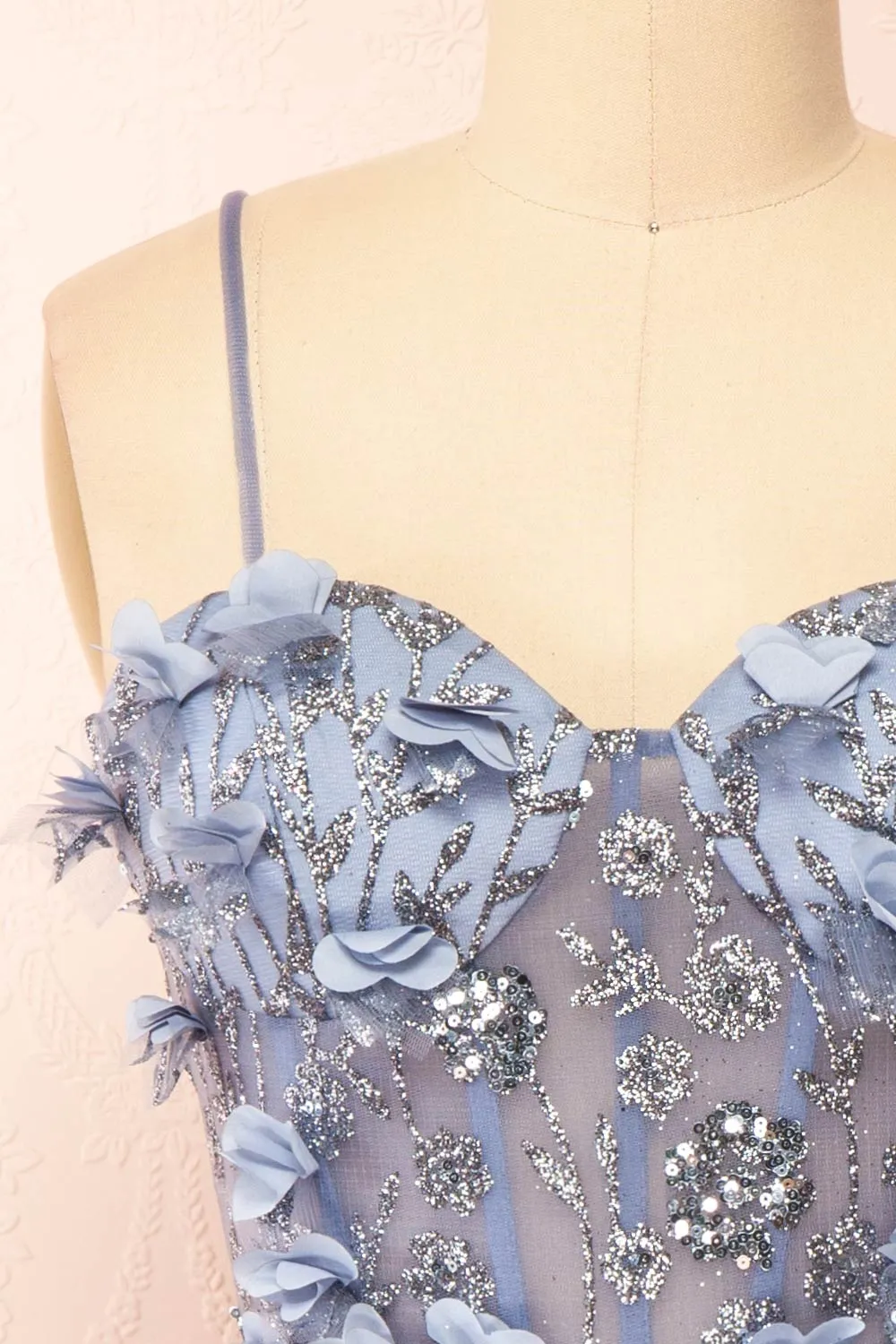 Eudora | Short Sparkly Blue Dress w/ Floral Appliqus
