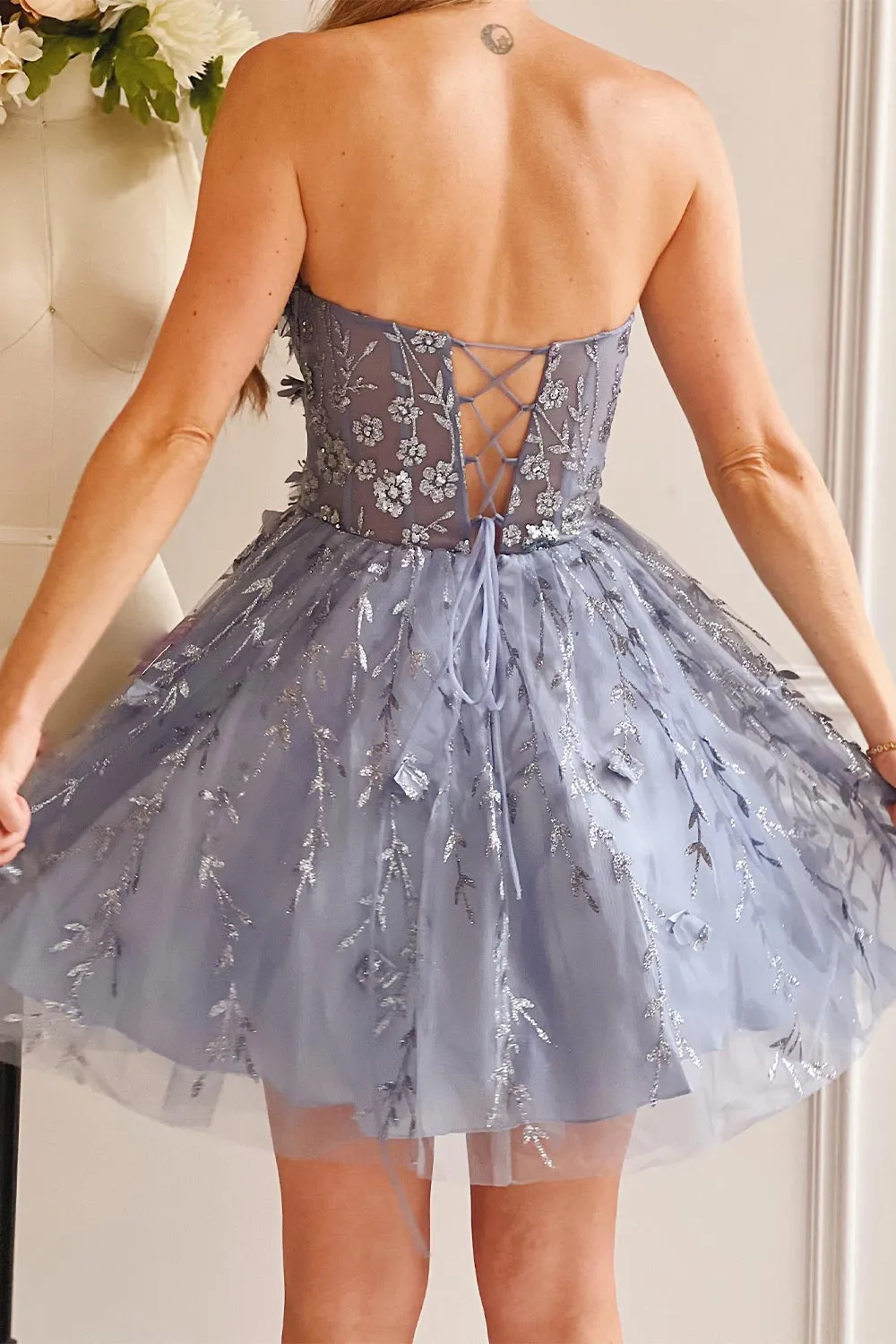 Eudora | Short Sparkly Blue Dress w/ Floral Appliqus