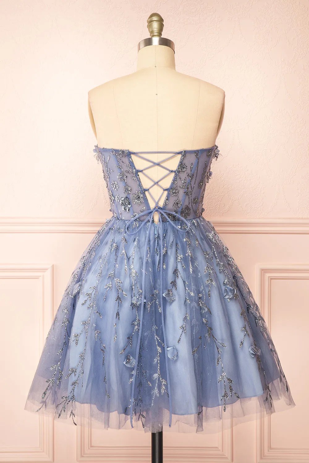 Eudora | Short Sparkly Blue Dress w/ Floral Appliqus