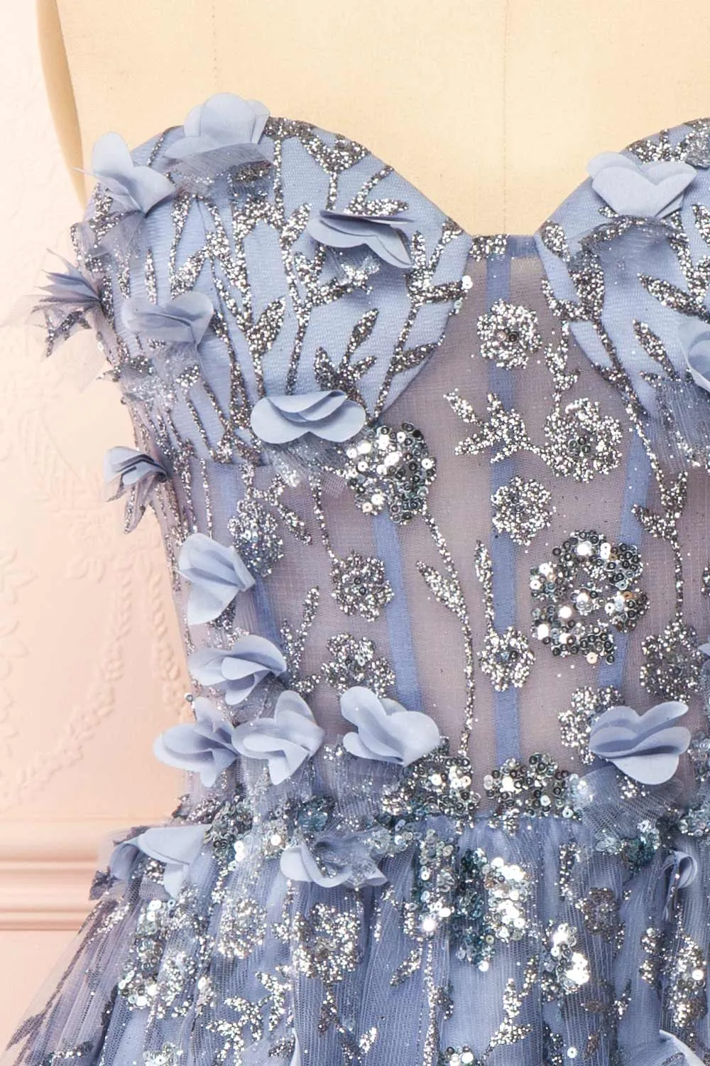 Eudora | Short Sparkly Blue Dress w/ Floral Appliqus