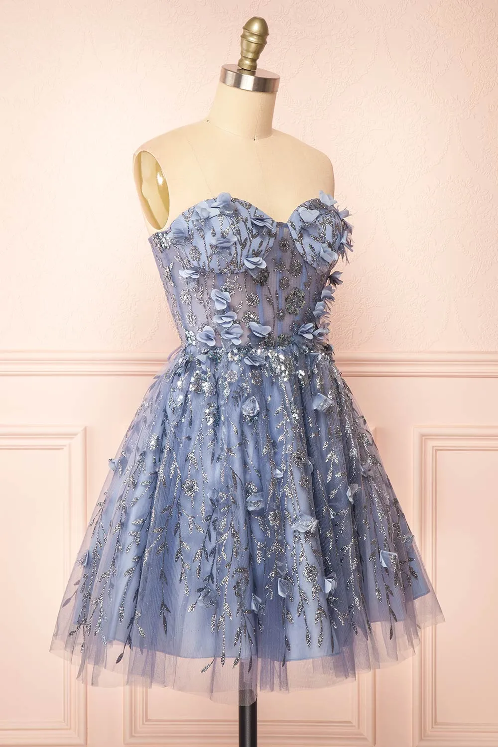 Eudora | Short Sparkly Blue Dress w/ Floral Appliqus