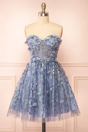 Eudora | Short Sparkly Blue Dress w/ Floral Appliqus