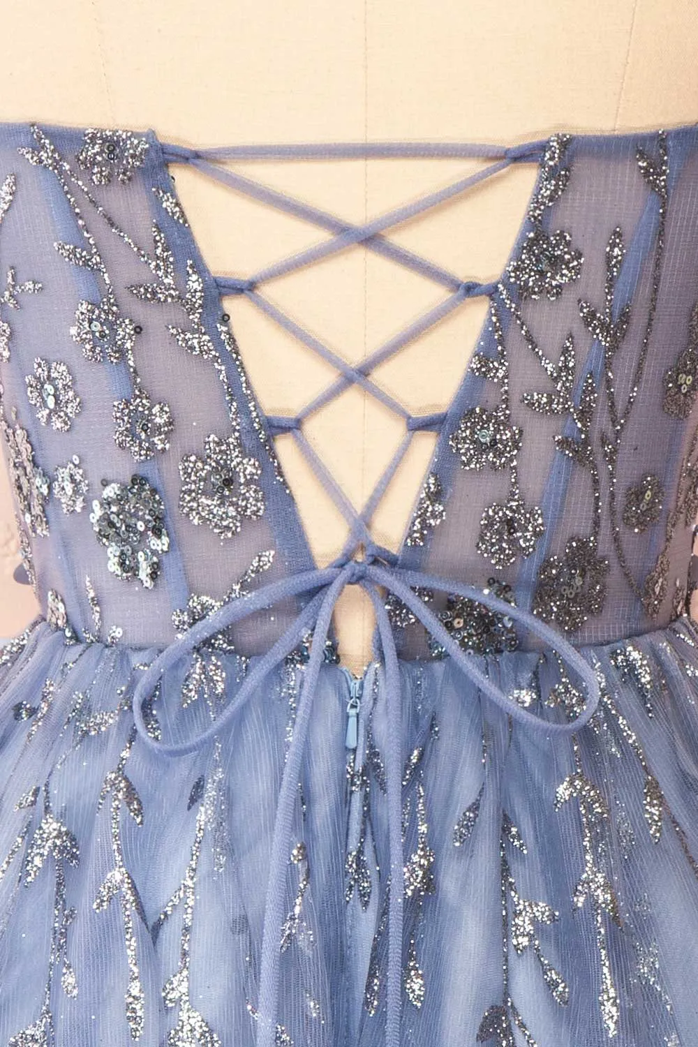 Eudora | Short Sparkly Blue Dress w/ Floral Appliqus