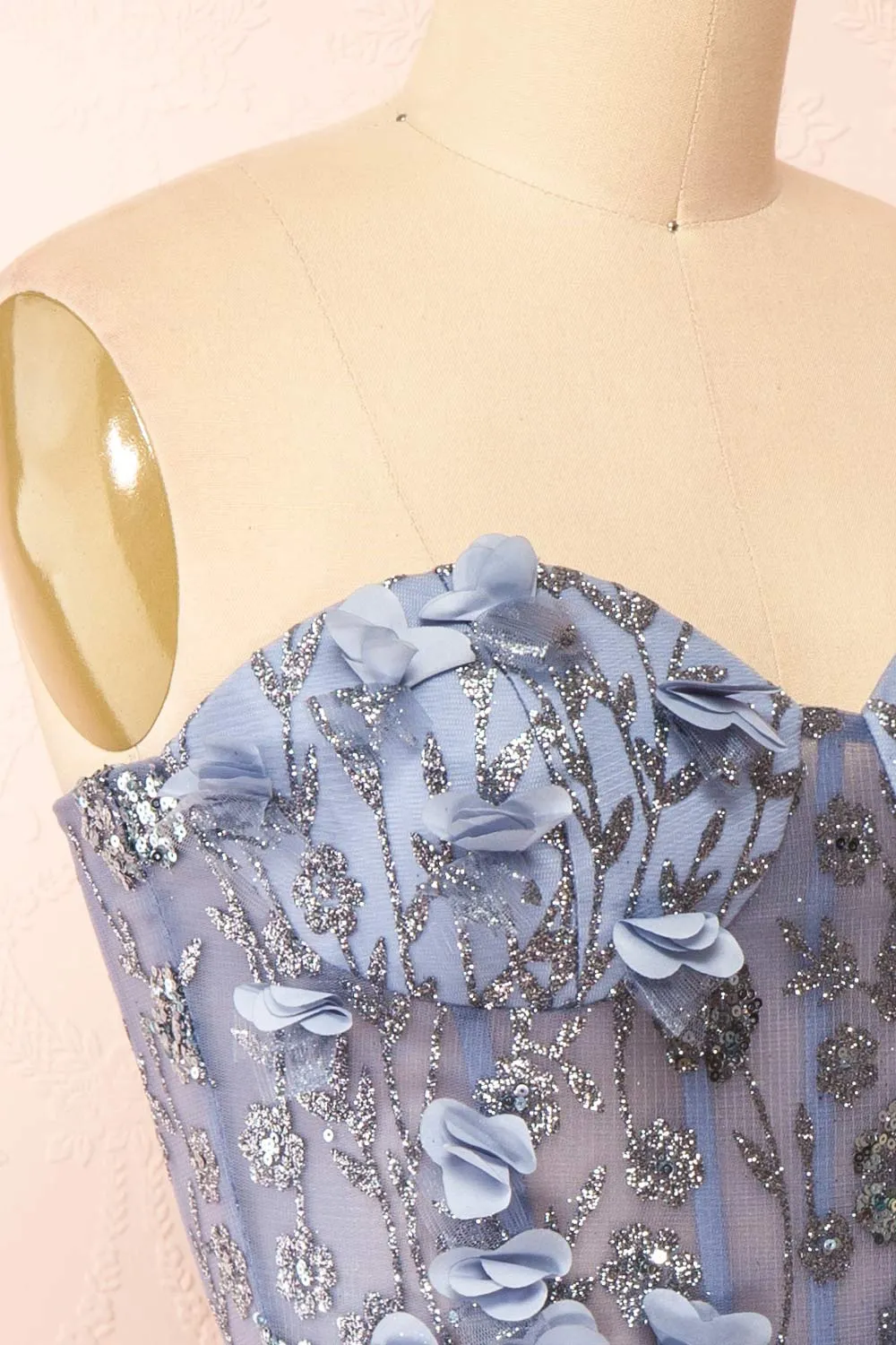 Eudora | Short Sparkly Blue Dress w/ Floral Appliqus