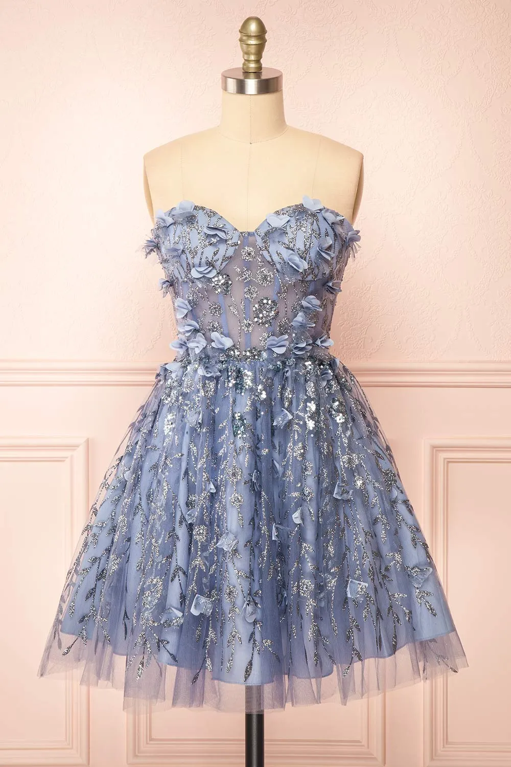 Eudora | Short Sparkly Blue Dress w/ Floral Appliqus