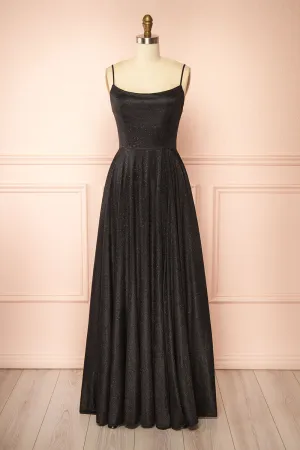 Fadia Black | Sparkly Maxi Dress w/ Slit and Pockets