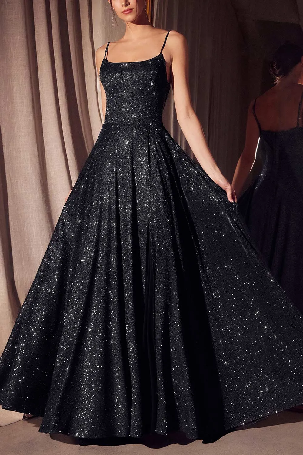 Fadia Black | Sparkly Maxi Dress w/ Slit and Pockets