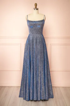 Fadia Navy | Sparkly Maxi Dress w/ Slit and pockets