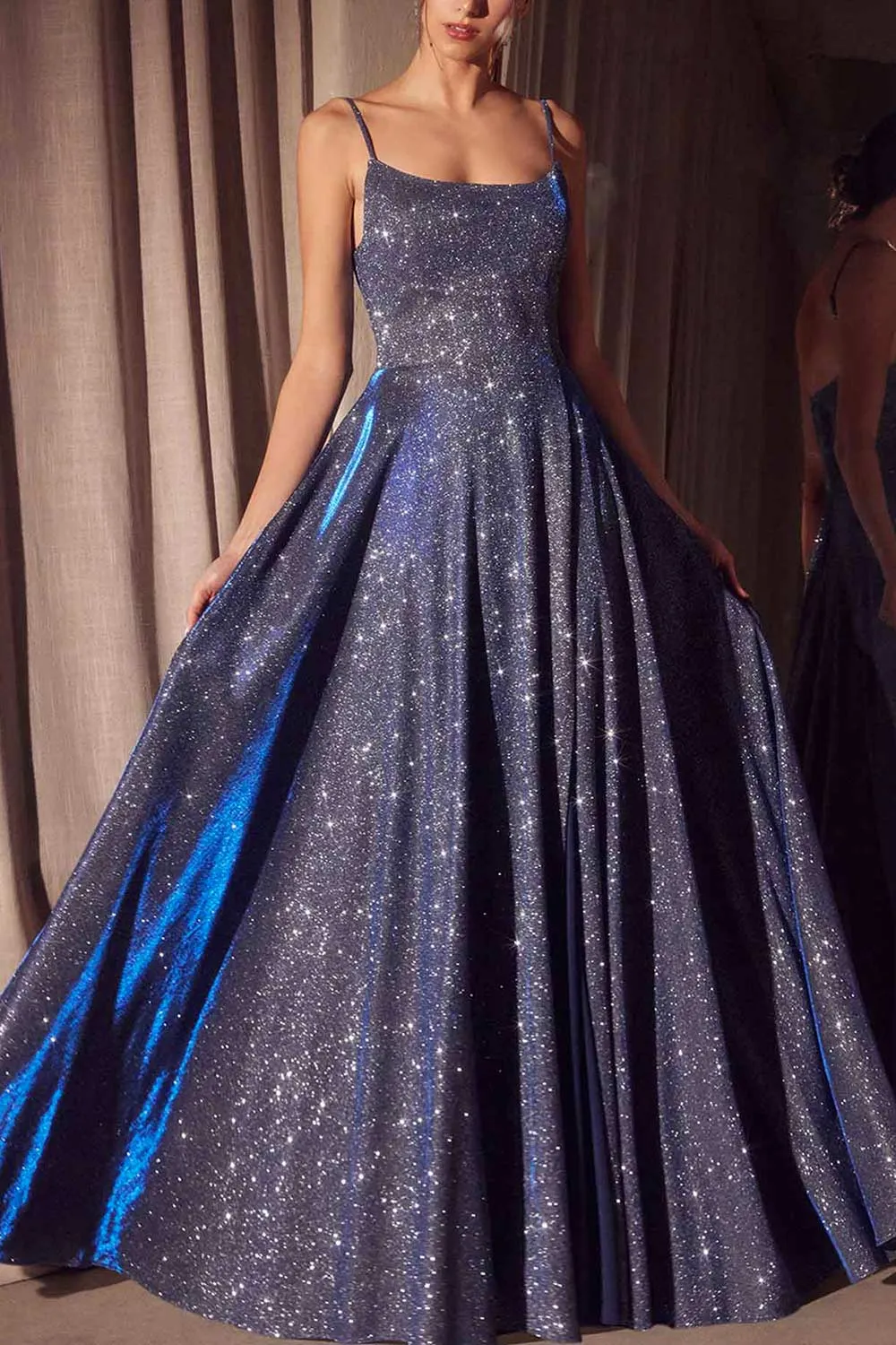 Fadia Navy | Sparkly Maxi Dress w/ Slit and pockets