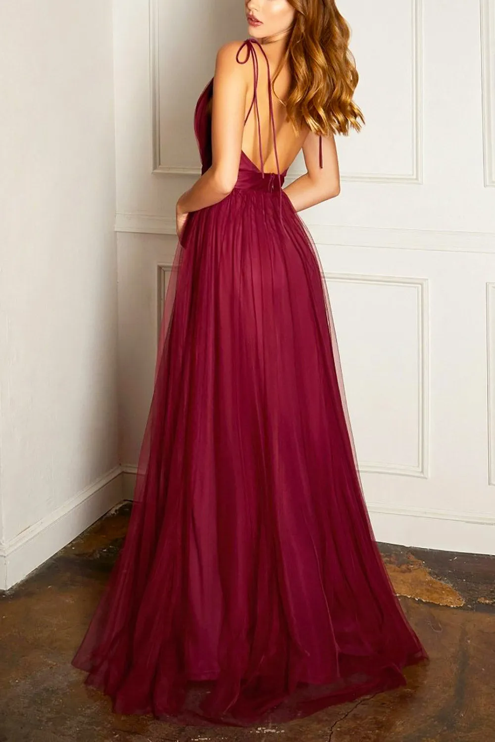 Hyedi Burgundy | Tulle Gown with Plunging Neckline