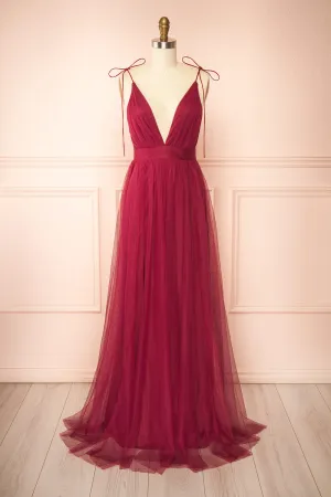 Hyedi Burgundy | Tulle Gown with Plunging Neckline