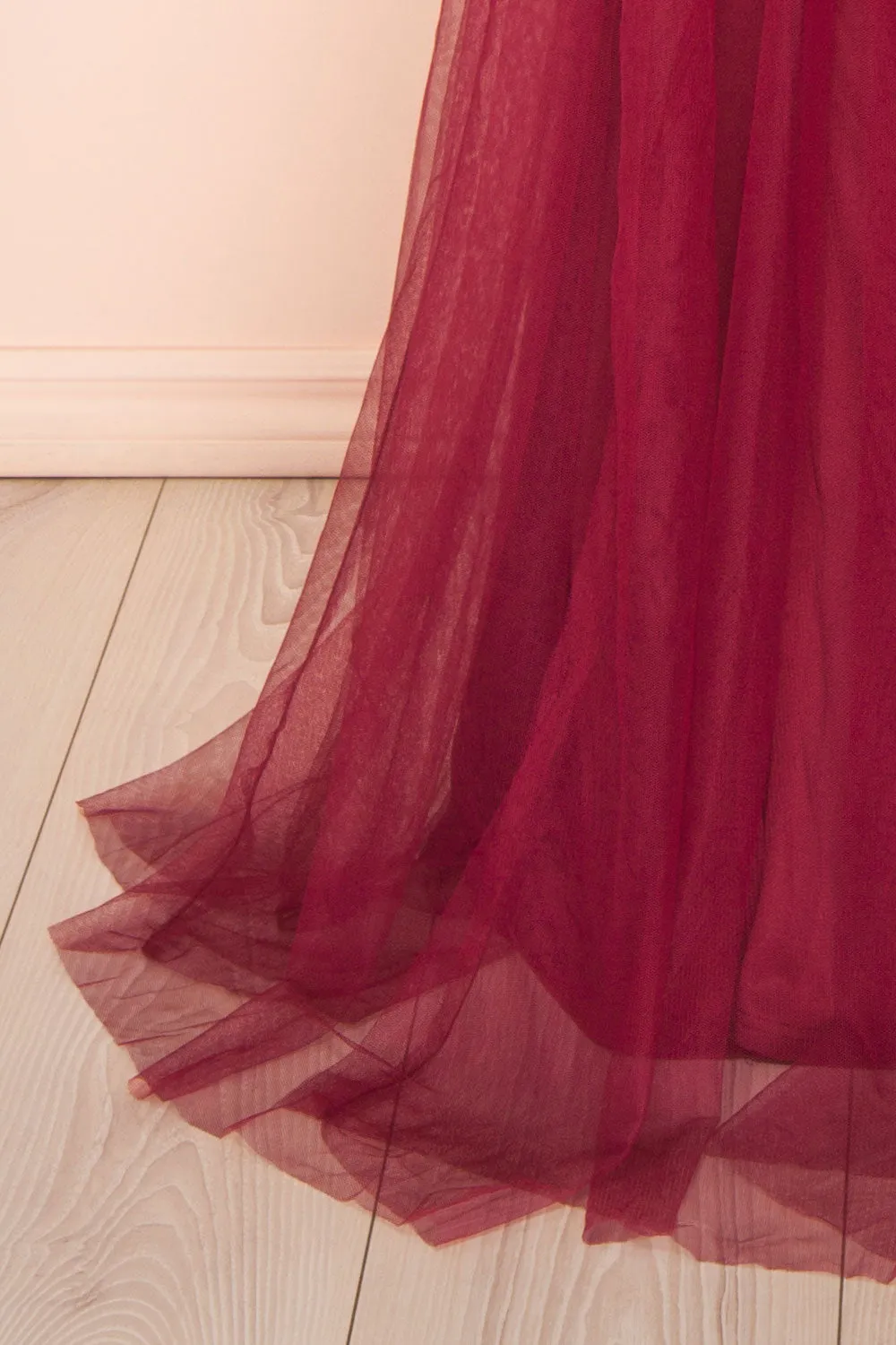 Hyedi Burgundy | Tulle Gown with Plunging Neckline