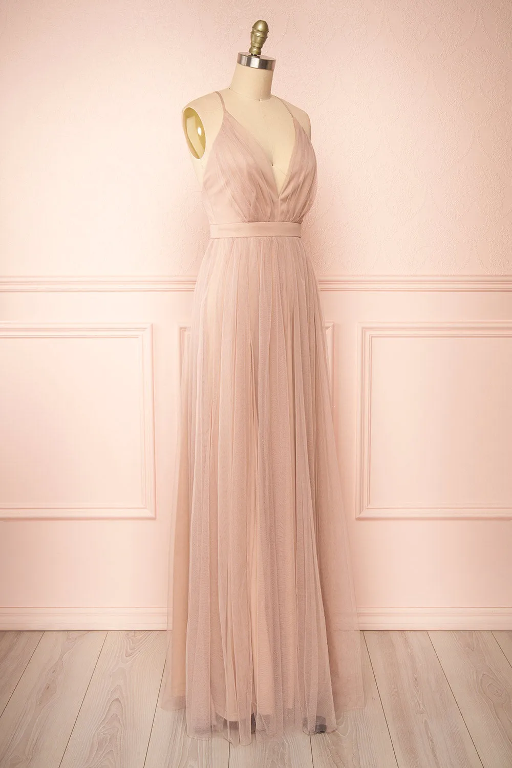 Ilaria Taupe | Tulle Gown with Plunging Neckline