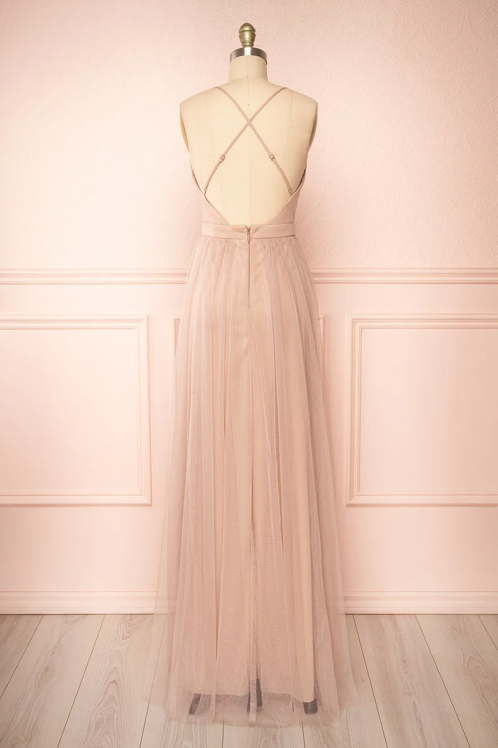 Ilaria Taupe | Tulle Gown with Plunging Neckline