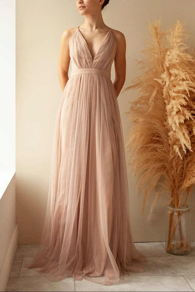 Ilaria Taupe | Tulle Gown with Plunging Neckline