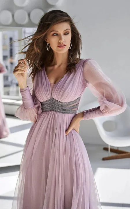 Illussion Long Sleeve V-neck Chiffon Front Split Dress with Pleats and Beaded Waist