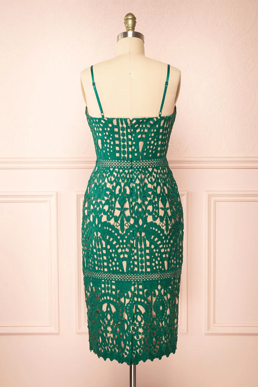 Indira | Fitted Midi Green Crocheted Lace Dress