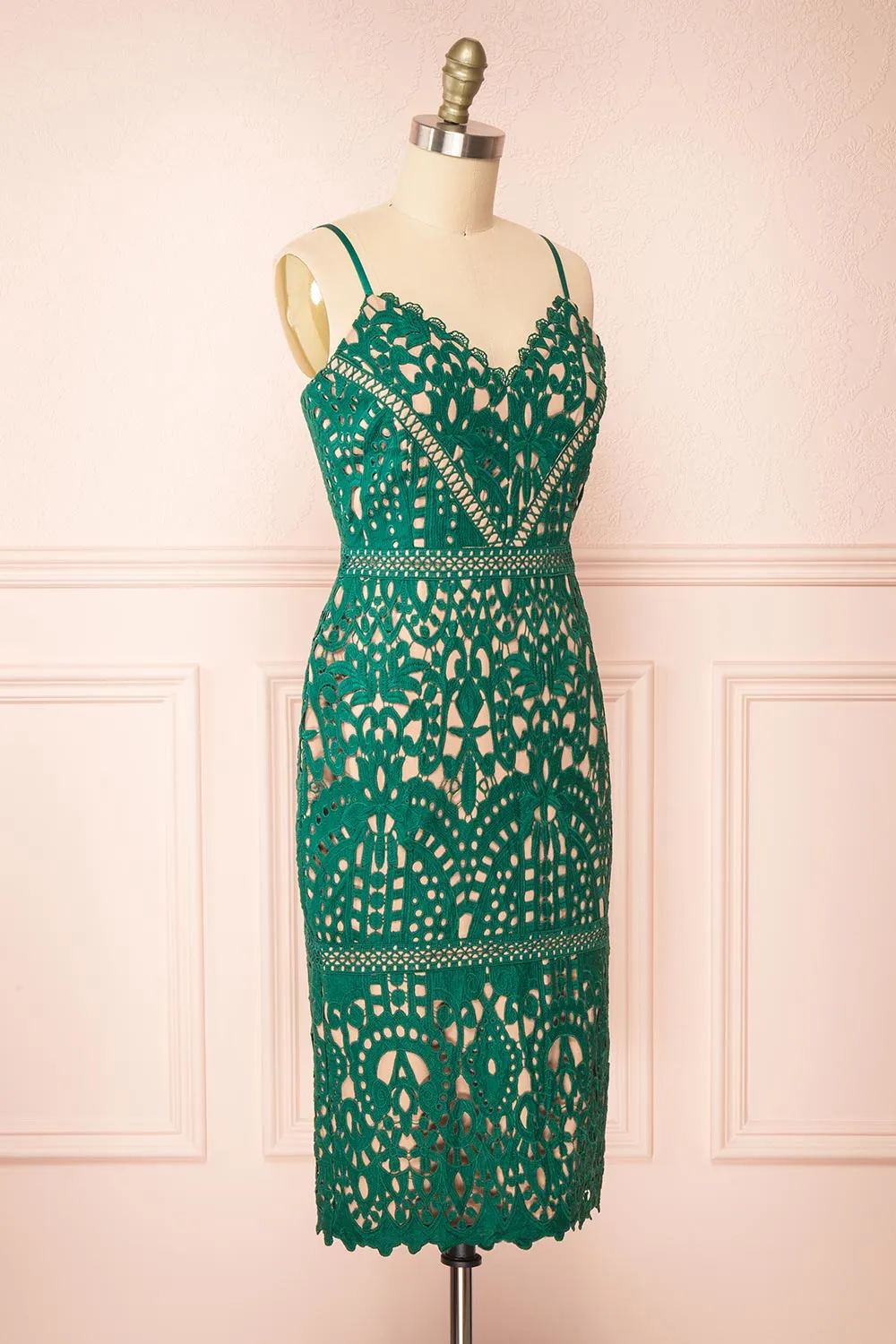 Indira | Fitted Midi Green Crocheted Lace Dress