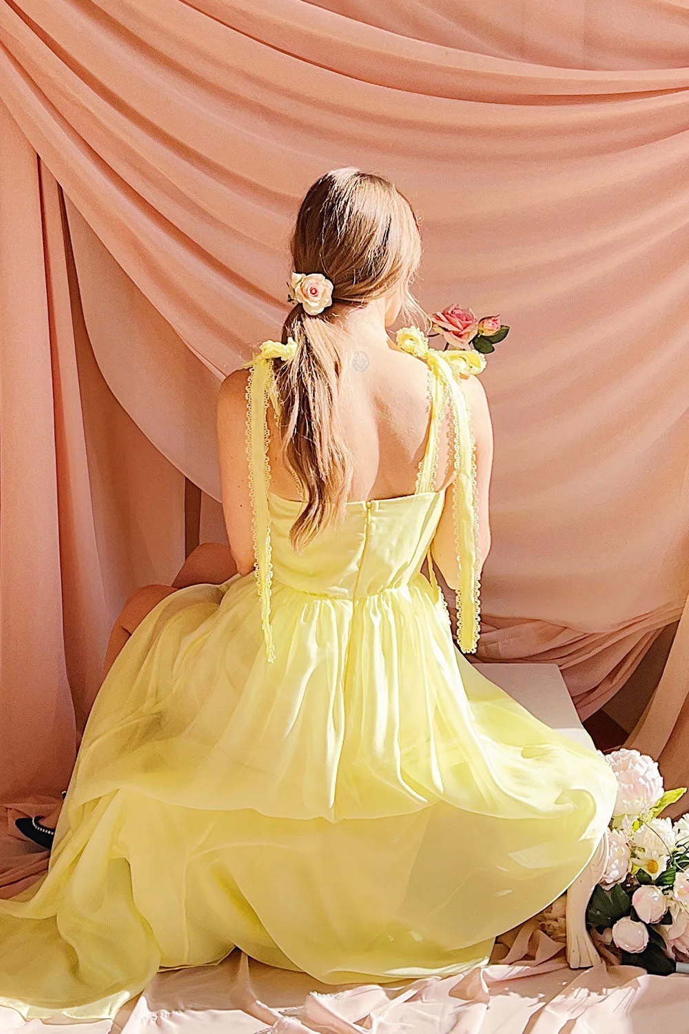 Indya Yellow | Organza Maxi Dress w/ Tie Straps