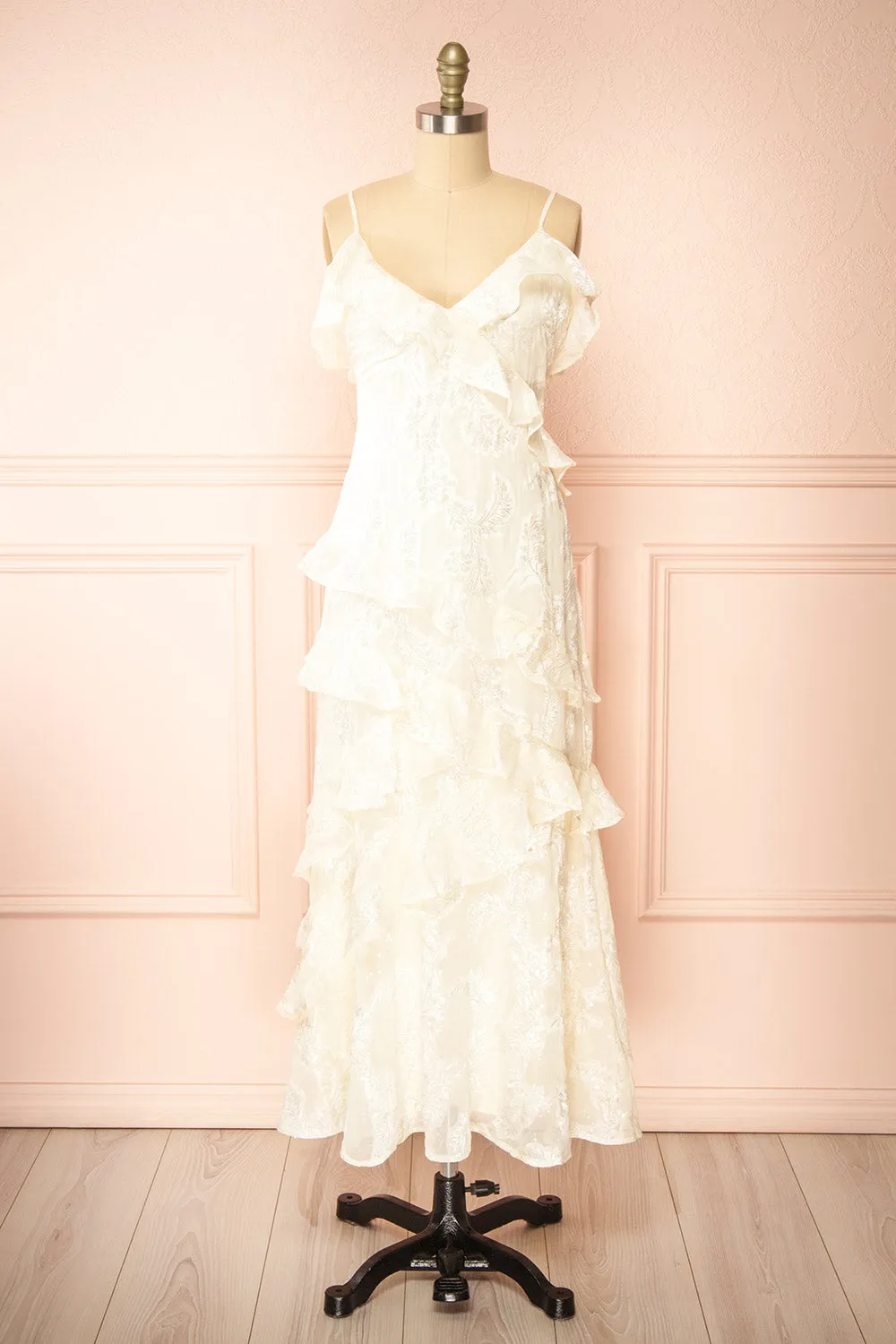 Ixilda | Long Ivory Floral Dress w/ Ruffles