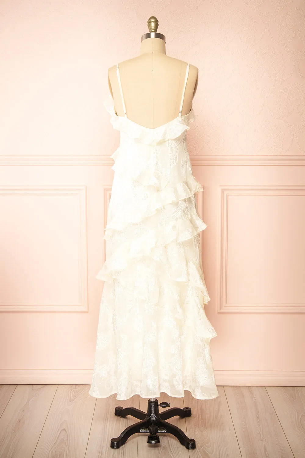 Ixilda | Long Ivory Floral Dress w/ Ruffles