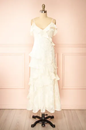 Ixilda | Long Ivory Floral Dress w/ Ruffles