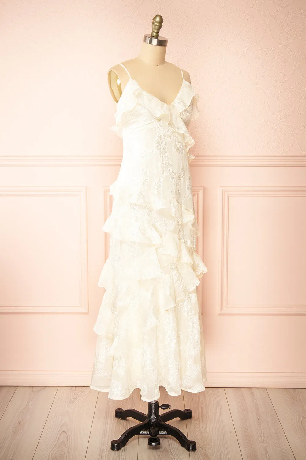 Ixilda | Long Ivory Floral Dress w/ Ruffles