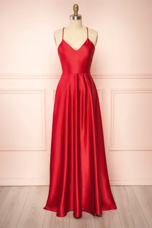Julia Red | Satin Maxi Dress w/ High Slit