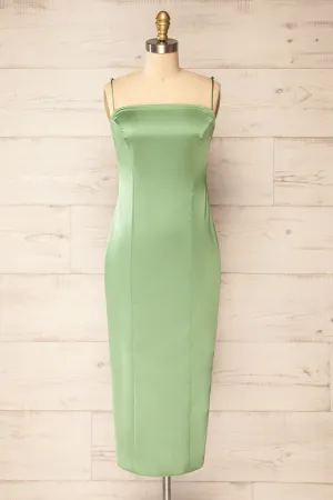 Korina Sage | Fitted Satin Midi Dress
