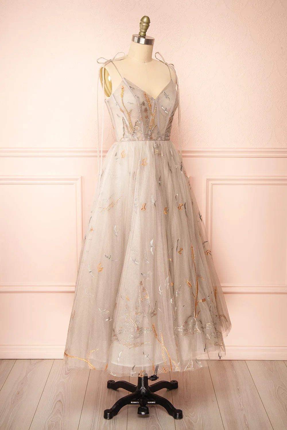 Ksenia | A-Line Midi Dress w/ Bird Embroidery