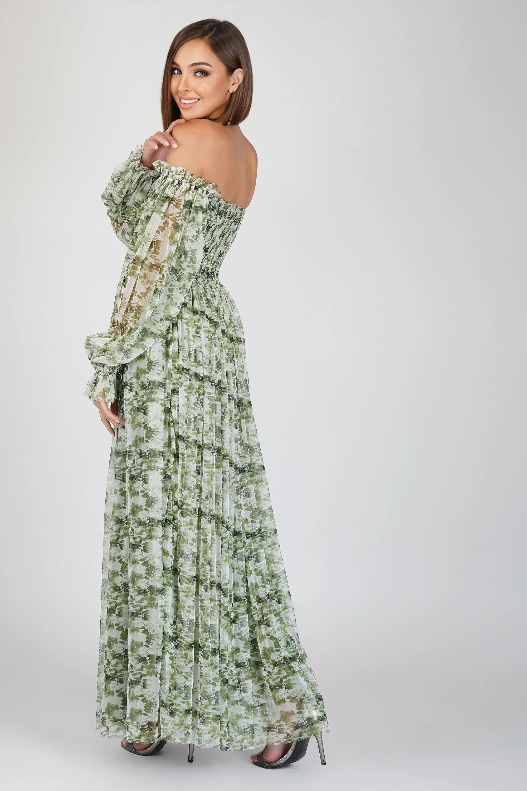 Lana Green Floral Printed Tulle Dress