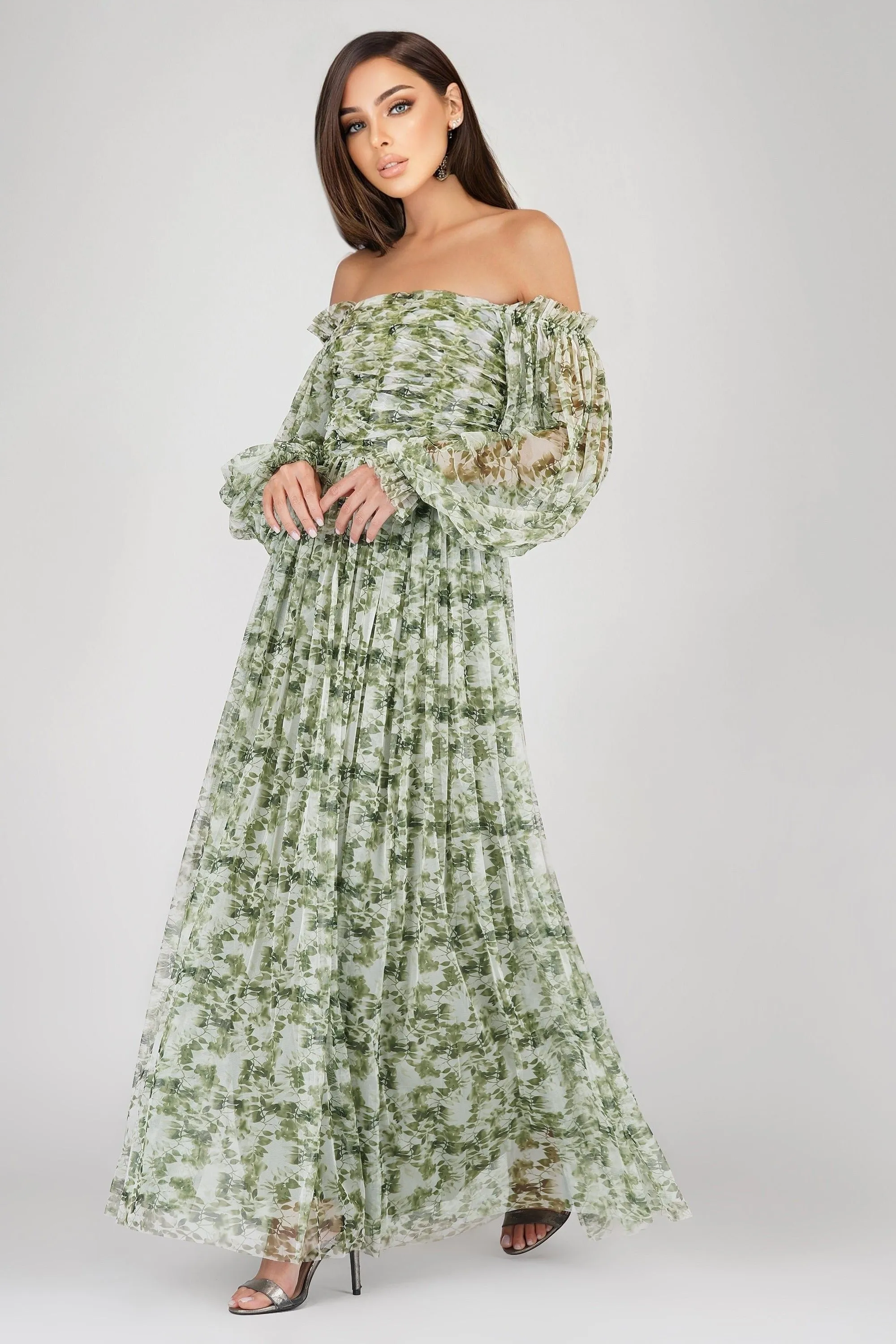 Lana Green Floral Printed Tulle Dress
